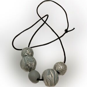 Handmade Clay Beaded Necklace Light Blue Gray White Silver Glitter Marbled